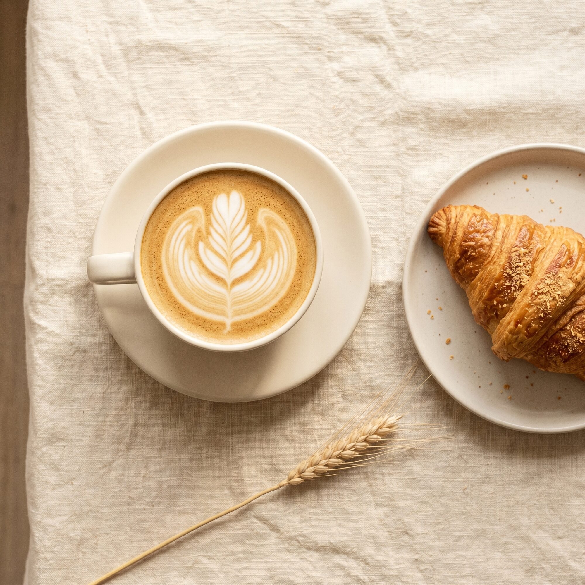 Flat white with latte art beside a fresh croissant
