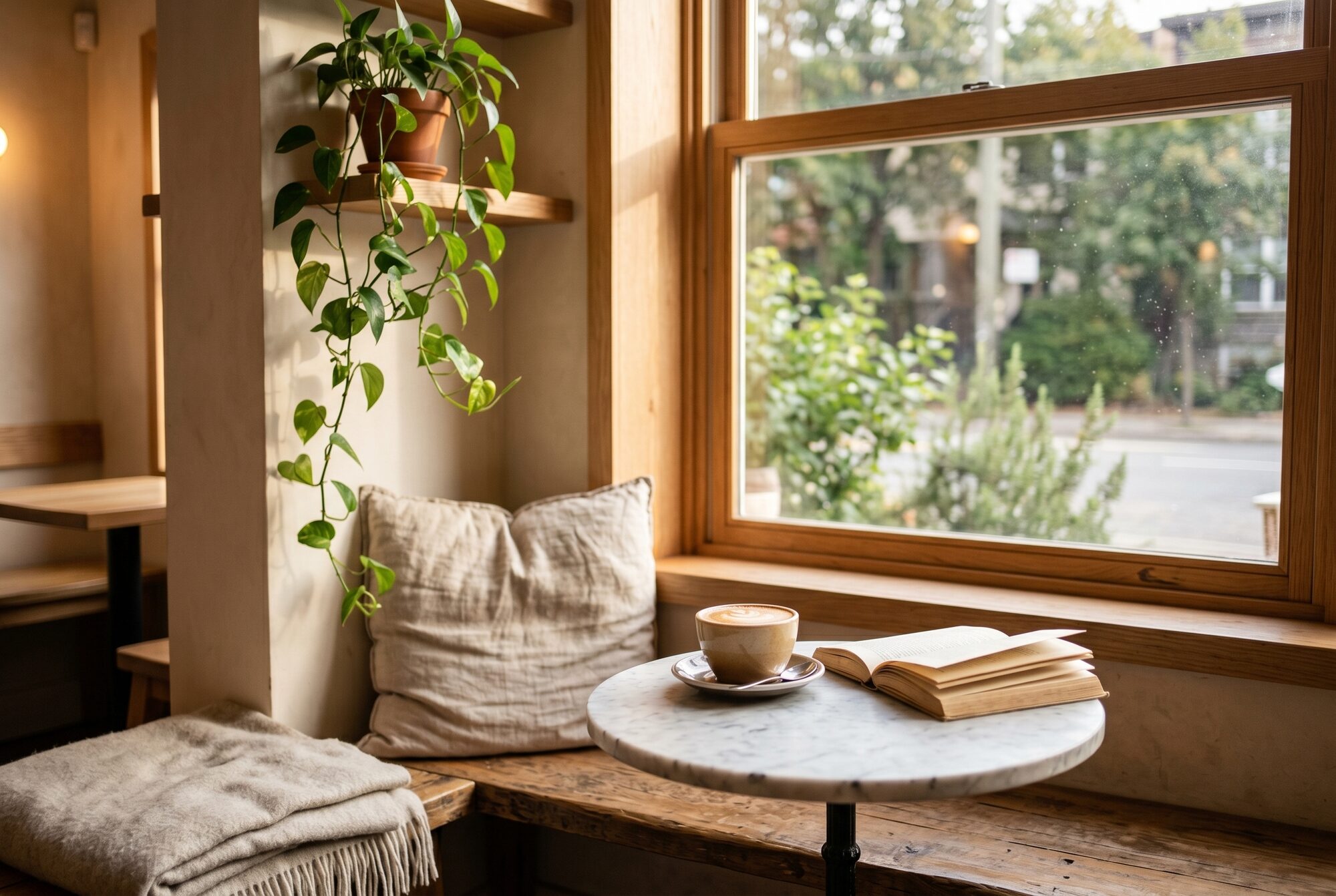 Sunlit window-seat corner of the cafe with coffee and a book